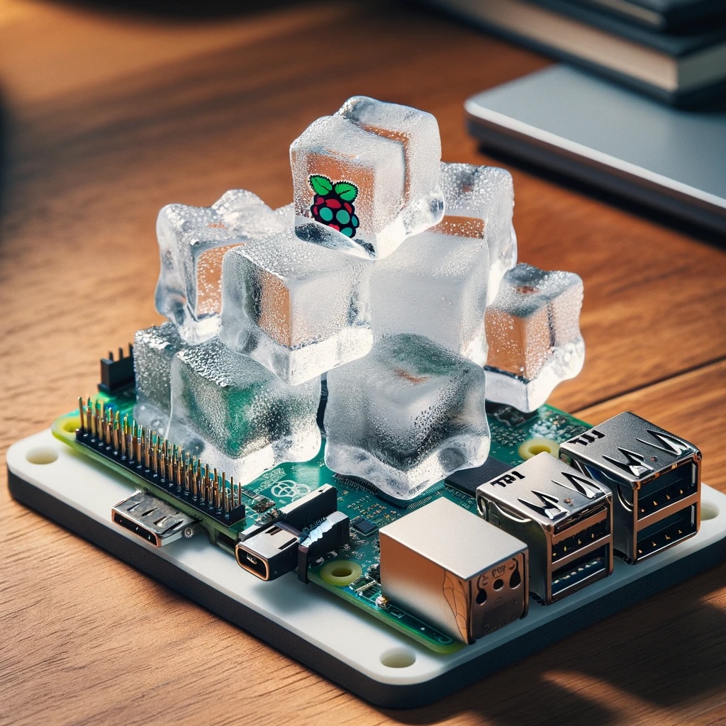 Raspberry Pi 4 with ice cubes on top of it. Image generated by DALL-E.