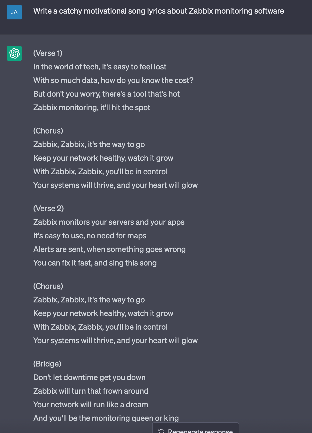 ChatGPT prompt to write a motivational song about Zabbix