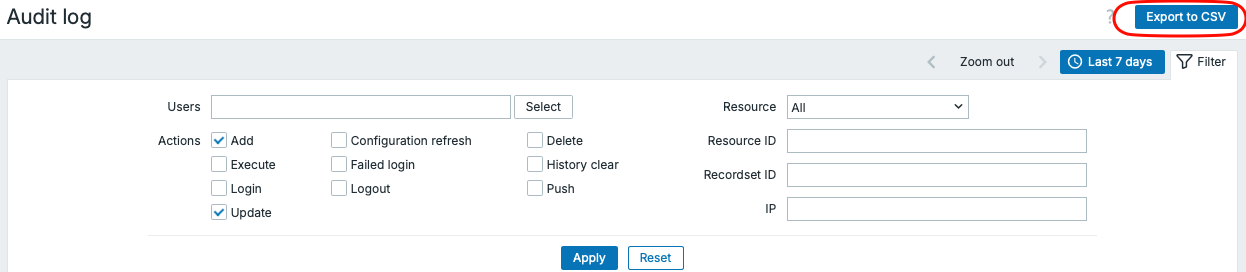 Audit log export to CSV