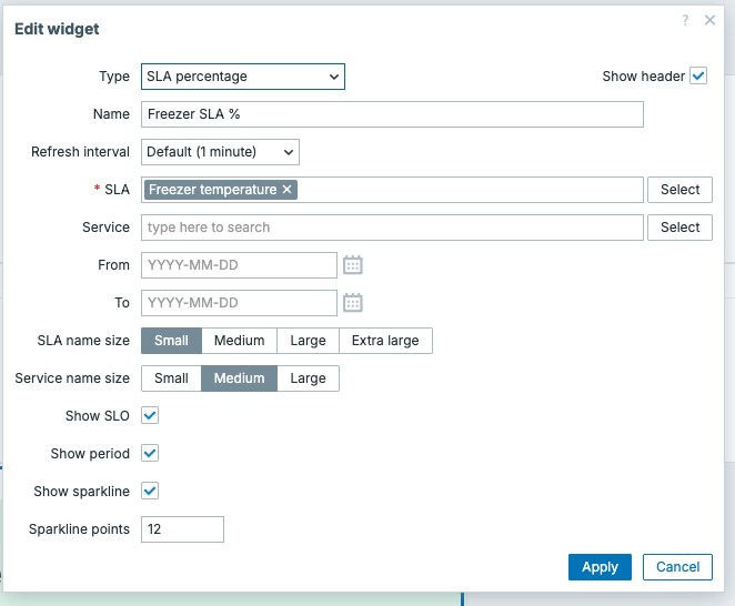 SLA widget confiiguration dialog