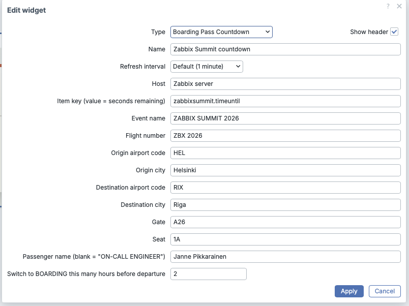 Widget configuration dialog