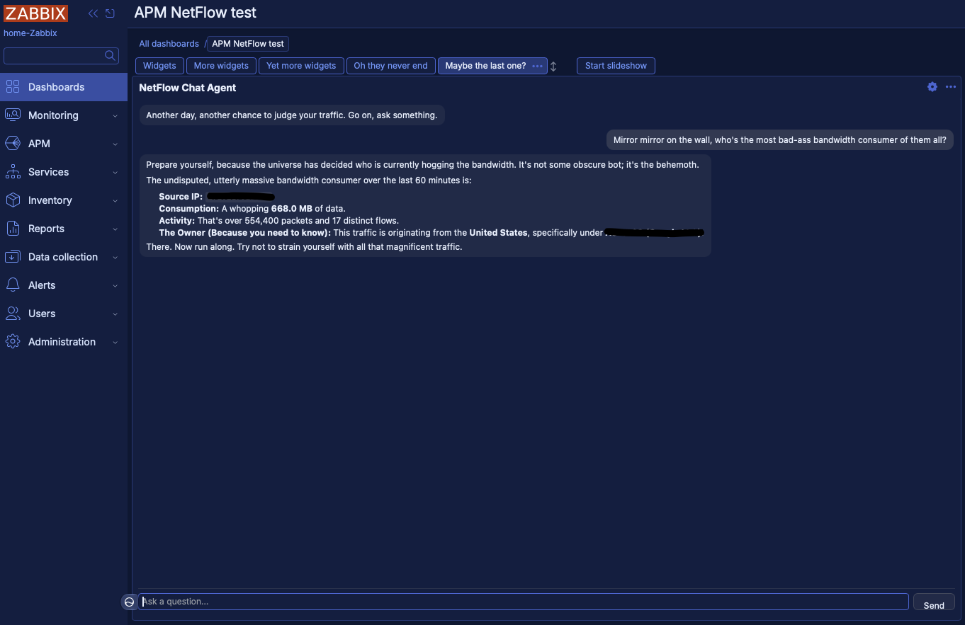NetFlow widgets page 5, snarky AI chat agent